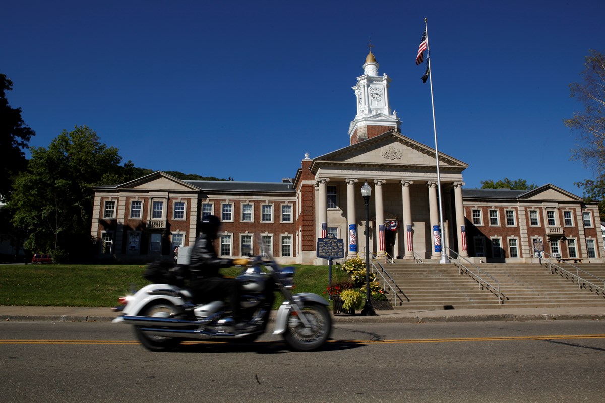 Smethport COurthouse and motorcycle moving