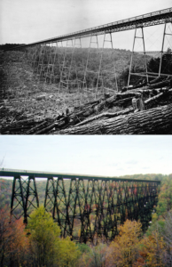 The original Kinzua Bridge, before its reconstruction in 1900, and a Historic American Engineering Record (HAER) photo of the bridge in July 1971.