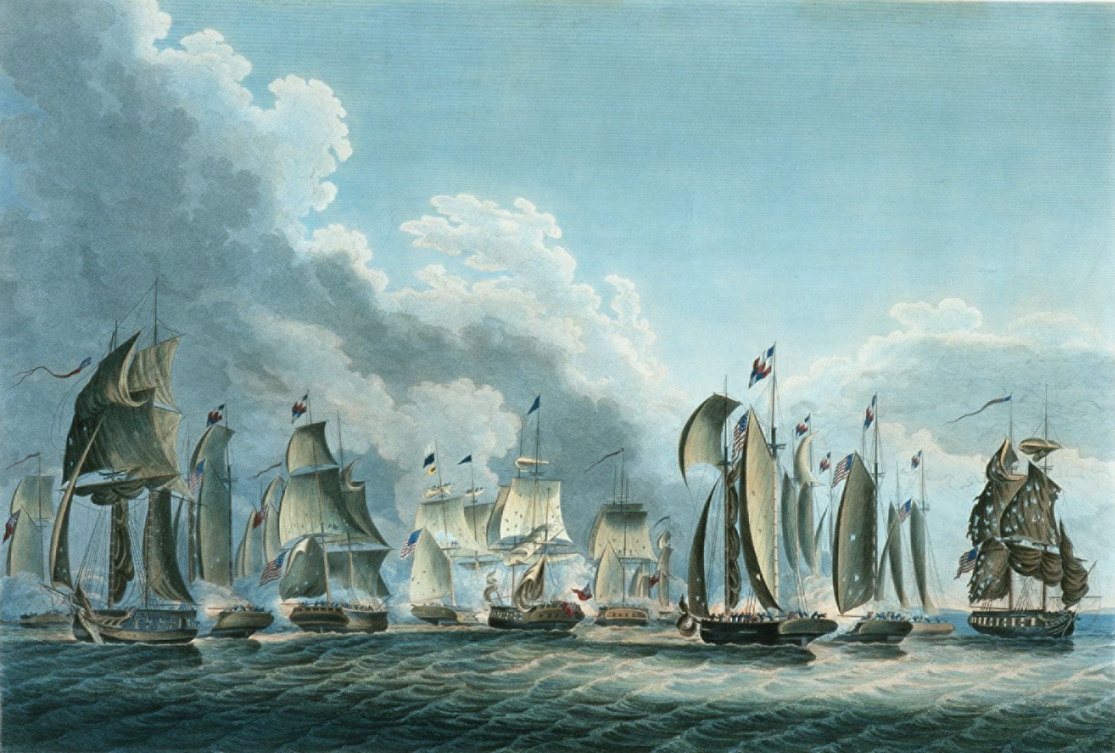 A painting of the Battle of Lake Erie on September 10, 1813, with American and British warships exchanging fire