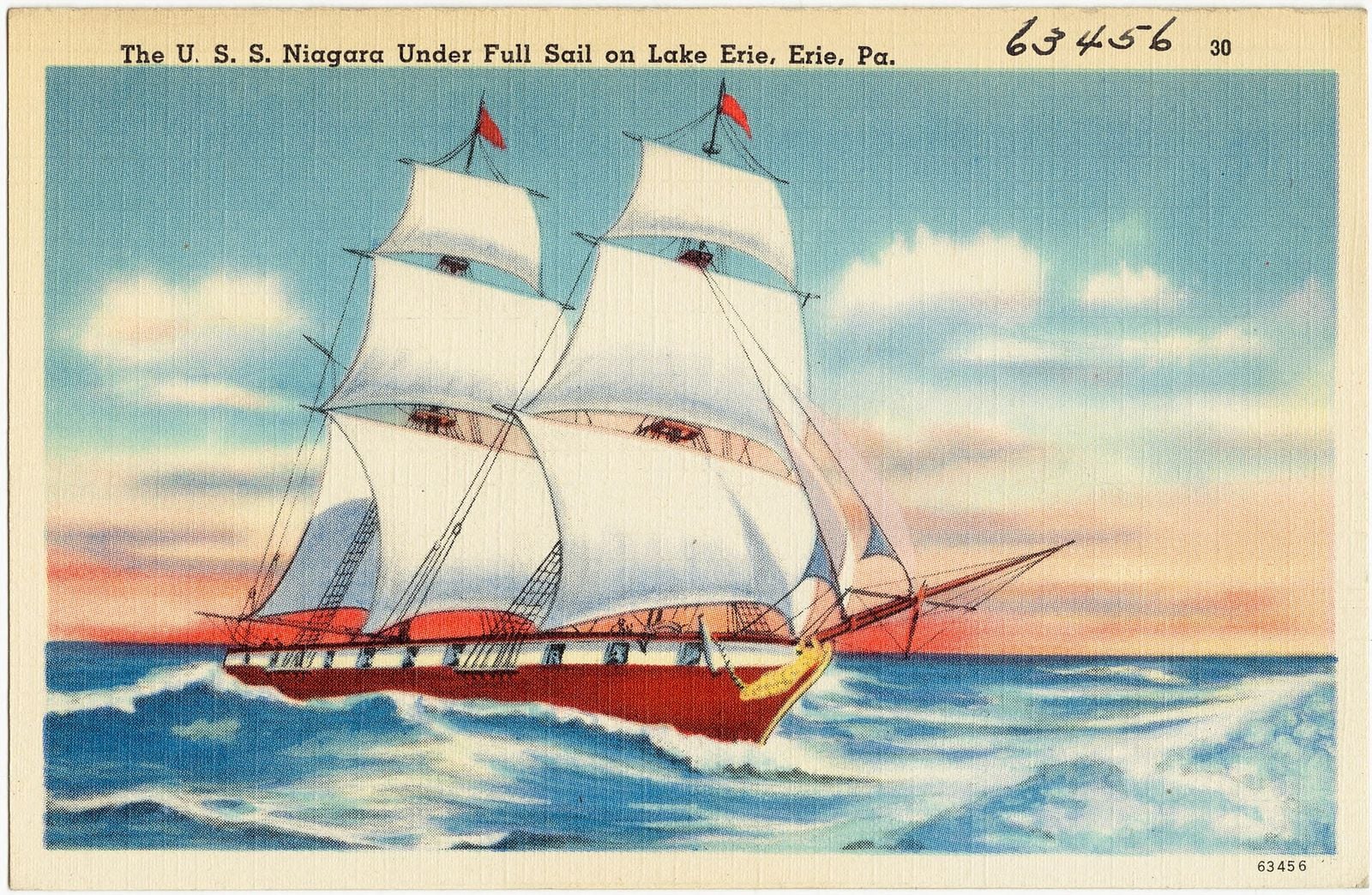 Vintage postcard of the U.S. Brig Niagara under full sail on Lake Erie, Erie, Pennsylvania